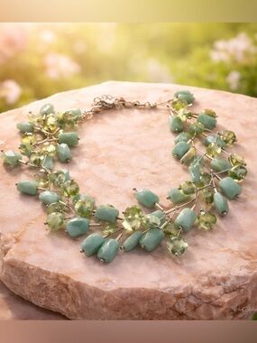 Handmade Genuine Aventurine Stone “Fringe”  Statement Necklace 14”